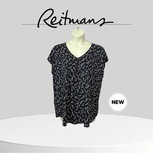 NWOT, Reitmans, Plus Size Floral V-Neck Blouse, 3X, Navy & White